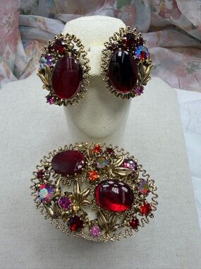 Vintage Austrian Red Glass Cabochon Brooch and Clip Earrings